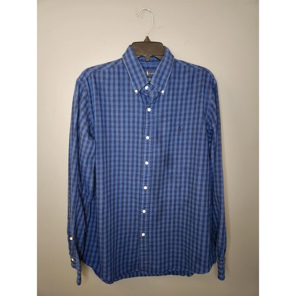 Ralph Lauren Shirt Mens L Blue Check Flannel Button Down Classic Fit Performance - Picture 2 of 6